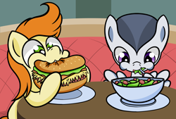 Size: 2956x2000 | Tagged: safe, artist:dinkyuniverse, gallop j. fry, rumble, pony, g4, atg 2021, burger, colt, duo, eating, food, hay burger, herbivore, high res, male, newbie artist training grounds, salad, veggie burger