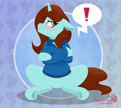 Size: 5556x4949 | Tagged: safe, artist:raspberrystudios, oc, oc only, pony, unicorn, blushing, clothes, commission, crossed arms, embarrassed, female, frown, gradient, grumpy, hoodie, hooves, horn, jewelry, mare, necklace, scrunchy face, speech bubble, unicorn oc