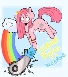 Size: 2000x2256 | Tagged: safe, artist:n-unji, pinkie pie, earth pony, pony, cutiemarks (and the things that bind us), lesbian ponies with weapons, vylet pony, g4, chainsaw, female, grin, high res, lesbian, mare, mismatched eyes, multicolored eyes, pinkamena diane pie, rainbow, smiling, solo, this will end in cupcakes