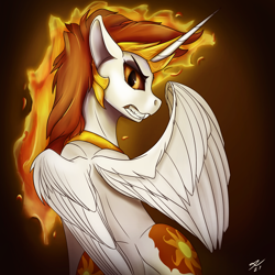 Size: 1950x1950 | Tagged: safe, artist:tenebrisnoctus, daybreaker, alicorn, pony, g4, female, fiery mane, fire, gritted teeth, growling, looking at you, looking back, mane of fire, solo
