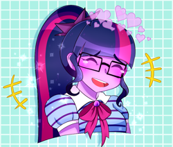 Size: 940x796 | Tagged: safe, artist:screebs, sci-twi, twilight sparkle, equestria girls, g4, abstract background, blushing, bust, clothes, crying, cute, eyebrows, eyebrows visible through hair, eyes closed, female, floating heart, glasses, heart, laughing, meganekko, open mouth, ponytail, school uniform, schoolgirl, sci-twiabetes, solo, tears of laughter, twiabetes