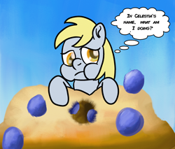 Size: 2000x1700 | Tagged: safe, artist:saburodaimando, derpy hooves, pony, g4, atg 2021, female, filly, food, muffin, newbie artist training grounds, that pony sure does love muffins, younger