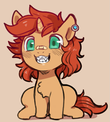 Size: 641x713 | Tagged: safe, artist:cold-blooded-twilight, oc, oc only, oc:flaming arrow, alicorn, pony, bandaid, bandaid on nose, braces, colt, ear piercing, earring, fangs, jewelry, male, piercing, sharp teeth, sitting, solo, teeth
