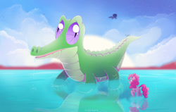Size: 1024x650 | Tagged: safe, artist:nnaly, gummy, pinkie pie, alligator, earth pony, pegasus, pony, g4, female, macro, mare, reflection, signature, size difference, standing in water, water