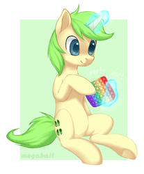 Size: 2657x3209 | Tagged: safe, artist:megabait, oc, oc only, oc:markov, pony, unicorn, 4chan, green hair, high res, magic, pop it, sitting, text