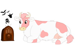 Size: 1280x854 | Tagged: safe, artist:itstechtock, oc, oc only, oc:berry dairy, cow, ghost, hybrid, undead, bat wings, bone, interspecies offspring, lying down, magical lesbian spawn, offspring, parent:pinkie pie, parent:princess skystar, parents:skypie, prone, radio, skull, solo, udder, wings
