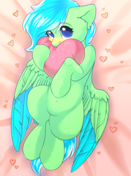 Size: 2048x2732 | Tagged: safe, artist:alphadesu, oc, oc only, pegasus, pony, bed, blushing, heart, heart pillow, high res, lying down, on back, pillow, solo