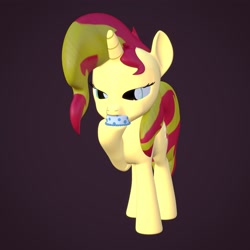 Size: 4000x4000 | Tagged: safe, artist:wissle, sunset shimmer, pony, unicorn, g4, 3d, absurd resolution, atg 2021, blender, cake, eating, female, food, mare, newbie artist training grounds, raised leg, simple background, solo