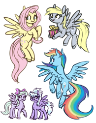 Size: 1150x1474 | Tagged: safe, artist:king-kakapo, cloudchaser, derpy hooves, flitter, fluttershy, rainbow dash, pegasus, pony, g4, female, flying, looking at you, mare, open mouth, present, ribbon, sketch, smiling, spread wings, unshorn fetlocks, wings