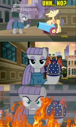 Size: 500x838 | Tagged: safe, artist:tiberiusmoon, edit, edited screencap, screencap, carrot top, golden harvest, lyra heartstrings, maud pie, satin palette, street rat, earth pony, pony, g4, the gift of the maud pie, alternate ending, burning, comic, discovery family logo, female, fire, male, mare, meme, out of character, stallion, the fire in her eyes, this ended in death, this will end in omae wa mou shindeiru