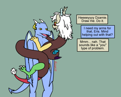 Size: 891x716 | Tagged: safe, artist:dzamie, discord, oc, draconequus, dragon, anthro, g4, coils, colored, dialogue, digital art, dragon oc, eris, newbie artist training grounds, rule 63