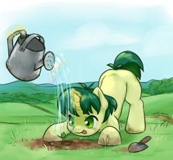 Size: 3408x3169 | Tagged: safe, artist:aquoquoo, green sprout, pony, unicorn, :p, colt, high res, magic, male, solo, tongue out, trowel, watering can