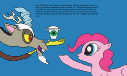 Size: 2000x1200 | Tagged: safe, artist:blazewing, discord, pinkie pie, draconequus, earth pony, pony, g4, atg 2021, chaos star, coffee cup, colored background, cup, drawpile, magic, newbie artist training grounds, reaching, styrofoam cup, telekinesis, text, this will not end well