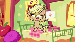 Size: 1920x1080 | Tagged: safe, screencap, applejack, earth pony, pony, g4, g4.5, my little pony: pony life, terrorarium, applejack's hat, bed, bipedal, cowboy hat, female, hat, mare, open mouth, solo, sweet apple acres, tablet