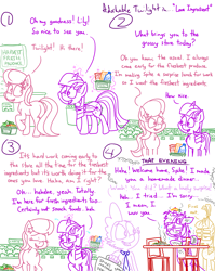 Size: 4779x6013 | Tagged: safe, artist:adorkabletwilightandfriends, lily, lily valley, moondancer, spike, twilight sparkle, alicorn, dragon, earth pony, pony, comic:adorkable twilight and friends, absurd resolution, adorkable, adorkable twilight, apple, basket, bipedal, butt, carrot, charred, chips, comic, cute, dinner, dork, female, food, friendship, glowing horn, grocery store, happy, horn, horn impalement, humor, lettuce, love, magic, male, mare, messy, plot, produce, relationships, smoke, store, telekinesis, trio, twilight sparkle (alicorn), walking, wuv, wuv u, wuvs