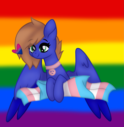Size: 1095x1123 | Tagged: safe, artist:froyo15sugarblast, artist:nocturnal-moonlight, oc, oc only, oc:airin sparkle, original species, pegasus, pony, base used, bisexual pride flag, collar, eye clipping through hair, female, gay pride flag, mercedes symbol mistaken for peace sign, pride, pride flag, solo, tomboy, trans female, transgender, transgender pride flag, two toned wings, winged lion pegasus, wings