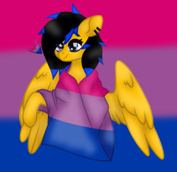 Size: 1045x1014 | Tagged: safe, artist:froyo15sugarblast, artist:nocturnal-moonlight, oc, oc:rainy day (rainy), pegasus, pony, base used, bisexual, bisexual pride flag, blanket, ear piercing, eye clipping through hair, female, heart, piercing, pride, pride flag