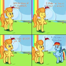 Size: 2000x2000 | Tagged: safe, artist:phutashi, rainbow dash, spitfire, pegasus, pony, g4, 4 panel comic, atg 2021, comic, dialogue, doing time, duo, duo female, female, folded wings, high res, hoof on chest, introduction, looking at each other, mare, mrs. puff, newbie artist training grounds, open mouth, outdoors, raised hoof, reference, smiling, spongebob reference, spongebob squarepants, standing, three quarter view, wings, wonderbolts headquarters