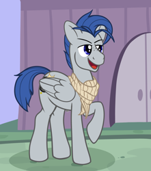 Size: 2827x3194 | Tagged: safe, artist:orky, oc, oc only, oc:treble charm, pegasus, pony, clothes, high res, male, open mouth, open smile, pegasus oc, raised hoof, scarf, smiling, smug, solo, stallion