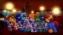 Size: 1200x679 | Tagged: safe, artist:jennieoo, twilight sparkle, oc, oc:amethyst fire, oc:arctic bolt, oc:electric swing, oc:lucky shadow, oc:night watch, oc:ruby rain, oc:sharp wing, oc:swift specter, alicorn, pegasus, pony, g4, clothes, glasses, group photo, group shot, happy, salute, show accurate, smiling, uniform, vector