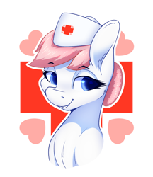 Size: 1494x1732 | Tagged: safe, artist:aquaticvibes, nurse redheart, earth pony, pony, g4, bust, chest fluff, cutie mark background, female, hat, looking at you, mare, nurse hat, outline, portrait, smiling, solo, three quarter view, white outline