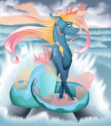 Size: 2900x3300 | Tagged: safe, artist:elena-naqua, oc, oc only, merpony, seapony (g4), clothes, cloud, coral, dorsal fin, female, fins, flowing mane, high res, looking at you, ocean, pink eyes, see-through, sky, smiling, smiling at you, solo, water