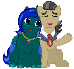 Size: 1200x1113 | Tagged: safe, artist:soobel, filthy rich, oc, oc:dusklight blossom, alicorn, earth pony, pony, g4, alicorn oc, atg 2021, bowtie, eyes closed, fat, female, horn, jewelry, male, mare, necklace, newbie artist training grounds, open mouth, stallion, wings