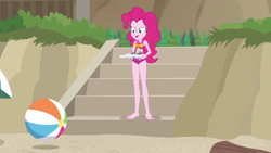 Size: 1280x720 | Tagged: safe, screencap, pinkie pie, equestria girls, equestria girls series, g4, too hot to handle, barefoot, beach, beach ball, clothes, confident, determined, determined smile, feet, female, one-piece swimsuit, open mouth, open smile, pinkie pie swimsuit, sand, sleeveless, smiling, snow cone, solo, swimsuit