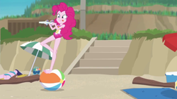 Size: 1280x720 | Tagged: safe, screencap, pinkie pie, equestria girls, equestria girls series, g4, too hot to handle, background human, barefoot, beach, beach ball, clothes, feet, female, one-piece swimsuit, pinkie pie swimsuit, sleeveless, smiling, snow cone, solo focus, swimsuit, tongue out, unnamed character, unnamed human