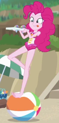 Size: 320x660 | Tagged: safe, screencap, pinkie pie, equestria girls, equestria girls series, g4, too hot to handle, barefoot, beach ball, clothes, cropped, feet, one-piece swimsuit, pinkie pie swimsuit, sand, sleeveless, smiling, snow cone, solo, standing, standing on one leg, swimsuit, tongue out