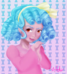 Size: 1758x1920 | Tagged: safe, artist:crissaplatinum, cozy glow, human, g4, bust, clothes, cutie mark background, female, hands together, humanized, signature, solo, uncanny valley