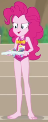 Size: 220x550 | Tagged: safe, screencap, pinkie pie, equestria girls, equestria girls series, g4, too hot to handle, barefoot, clothes, confident, cropped, determined, determined smile, feet, female, one-piece swimsuit, open mouth, open smile, pinkie pie swimsuit, sleeveless, smiling, snow cone, solo, swimsuit