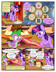 Size: 612x792 | Tagged: safe, artist:newbiespud, edit, edited screencap, screencap, spike, twilight sparkle, dragon, pony, unicorn, comic:friendship is dragons, g4, magical mystery cure, book, comic, dialogue, duo, eyelashes, female, glowing horn, golden oaks library, horn, indoors, magic, male, mare, open mouth, raised hoof, screencap comic, shrug, telekinesis, unicorn twilight