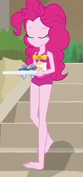 Size: 280x600 | Tagged: safe, screencap, pinkie pie, equestria girls, g4, my little pony equestria girls: better together, too hot to handle, barefoot, beach, clothes, cropped, eyes closed, feet, one-piece swimsuit, pinkie pie swimsuit, sand, sleeveless, smiling, snow cone, swimsuit, walking