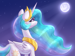Size: 1890x1417 | Tagged: safe, artist:dandy, princess celestia, alicorn, pony, g4, atg 2021, chest fluff, crying, ethereal mane, eyelashes, female, implied princess luna, jewelry, looking up, mare, mare in the moon, moon, newbie artist training grounds, night, rear view, regalia, sad, sadlestia, solo, teary eyes, wings