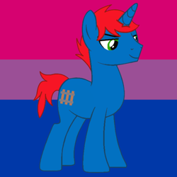 Size: 900x900 | Tagged: safe, artist:ry-bluepony1, oc, oc only, oc:train track, pony, unicorn, g4, base used, bisexual pride flag, horn, male, pride, pride flag, show accurate, smiling, smirk, solo, stallion, unicorn oc