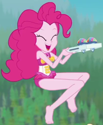 Size: 410x496 | Tagged: safe, screencap, pinkie pie, equestria girls, equestria girls series, g4, too hot to handle, barefoot, clothes, cropped, cute, diapinkes, eyes closed, feet, female, happy, one-piece swimsuit, open mouth, open smile, pinkie pie swimsuit, sleeveless, smiling, snow cone, solo, swimsuit