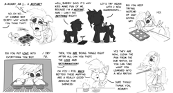 Size: 2200x1186 | Tagged: safe, artist:chopsticks, derpy hooves, pegasus, pony, unicorn, adorable distress, apron, atg 2021, baking, bipedal, bipedal leaning, bowl, broken, burnt, cheek fluff, chest fluff, chopsticks is trying to murder us, clothes, comic, crying, cute, cutie mark origin, derpabetes, dialogue, ear fluff, eating, feels, female, filly, filly derpy, floppy ears, foal, food, heartwarming, implied abuse, leaning, looking up, mare, mixing bowl, monochrome, muffin, newbie artist training grounds, oven, pan, sad, silhouette, simple background, sketch, smoke, soap bubble, solo focus, stool, tears of sadness, text, that pony sure does love muffins, unshorn fetlocks, wall of tags, weapons-grade cute, white background, younger