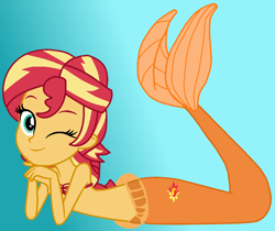 Size: 848x714 | Tagged: safe, artist:danielarkansanengine, artist:jadeharmony, sunset shimmer, mermaid, equestria girls, g4, base used, bra, clothes, crossover, cute, cutie mark on human, female, fins, humanized, looking at you, mermaid tail, mermaidized, one eye closed, seashell bra, shimmerbetes, smiling, smiling at you, solo, species swap, the little mermaid, wink, winking at you