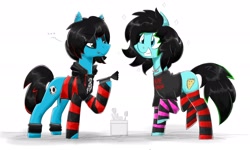 Size: 1920x1152 | Tagged: safe, artist:flutterthrash, oc, oc only, oc:emo lad, oc:scene chick, earth pony, pony, ..., ankle band, arm warmers, brother and sister, clothes, commission, duo, ear piercing, earring, emo, eyeliner, eyeshadow, female, grin, happy, hoodie, hoof hold, jewelry, lip piercing, makeup, male, mare, necklace, nose piercing, piercing, scene, shirt, siblings, simple background, smiling, socks, stallion, standing, striped socks, t-shirt, white background