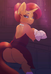 Size: 2750x4000 | Tagged: safe, artist:ardail, stellar flare, pony, unicorn, g4, backless, bar, bar stool, bedroom eyes, bracelet, butt, clothes, dock, dress, ear piercing, earring, female, high res, jewelry, leaning, lidded eyes, lip bite, looking at you, looking back, looking back at you, mare, milf, necklace, pearl necklace, piercing, plot, smiling, solo, unshorn fetlocks