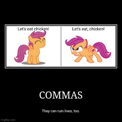 Size: 500x500 | Tagged: safe, artist:glimenade, scootaloo, pegasus, pony, g4, angry, comma, demotivational poster, eyes closed, female, filly, frown, gritted teeth, happy, meme, scootachicken, smiling, solo