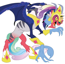 Size: 3029x3000 | Tagged: safe, artist:dragonchaser123, idw, big macintosh, cosmos, princess cadance, princess celestia, princess luna, twilight sparkle, zecora, g4, spoiler:comic, spoiler:comic77, cosmageddon, crown, female, fusion, high res, horn, hybrid wings, idw showified, jewelry, multiple ears, multiple horns, regalia, scorpion tail, simple background, solo, tail, transparent background, vector, we have become one, wing claws, wings