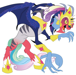 Size: 3029x3000 | Tagged: safe, artist:dragonchaser123, idw, big macintosh, cosmos, princess cadance, princess celestia, princess luna, twilight sparkle, zecora, friendship is magic #77, g4, spoiler:comic, cosmageddon, crown, female, fusion, high res, horn, hybrid wings, idw showified, jewelry, multiple ears, multiple horns, regalia, scorpion tail, simple background, solo, tail, transparent background, vector, we have become one, wing claws, wings