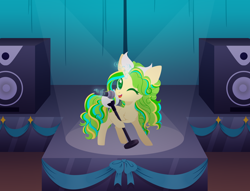Size: 3000x2292 | Tagged: safe, artist:belka-sempai, oc, oc only, pony, unicorn, female, glowing horn, high res, horn, looking at you, magic, magic aura, mare, microphone, one eye closed, open mouth, open smile, smiling, smiling at you, solo, speaker, stage, telekinesis, unicorn oc, wink, winking at you