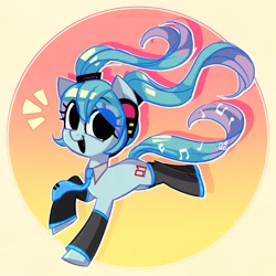 Size: 2500x2500 | Tagged: safe, artist:syrupyyy, earth pony, pony, anime, eye clipping through hair, eyebrows, eyebrows visible through hair, female, hatsune miku, headphones, high res, looking at you, mare, necktie, open mouth, open smile, ponified, smiling, smiling at you, solo, vocaloid