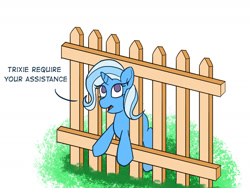 Size: 1280x960 | Tagged: safe, artist:zeronixma, trixie, pony, unicorn, g4, atg 2021, dialogue, female, fence, grammar error, looking at you, mare, newbie artist training grounds, simple background, solo, stuck, text, third person