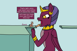 Size: 1413x949 | Tagged: safe, artist:dzamie, somnambula, the sphinx, pegasus, pony, sphinx, g4, colored, dialogue, digital art, duo, duo female, female, headdress, imminent vore, jewelry, mare, necklace, newbie artist training grounds