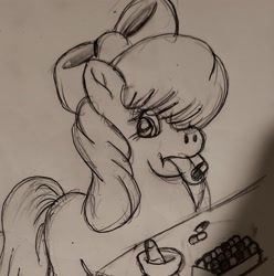 Size: 1960x1976 | Tagged: safe, artist:thegreatmewtwo, apple bloom, earth pony, pony, g4, female, filly, medicine, monochrome, pills, solo