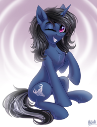 Size: 3000x3900 | Tagged: safe, artist:hakaina, oc, oc only, oc:procelle, pony, unicorn, chest fluff, female, grin, high res, horn, looking at you, mare, one eye closed, simple background, sitting, slender, smiling, smiling at you, solo, thin, unicorn oc, wink, winking at you